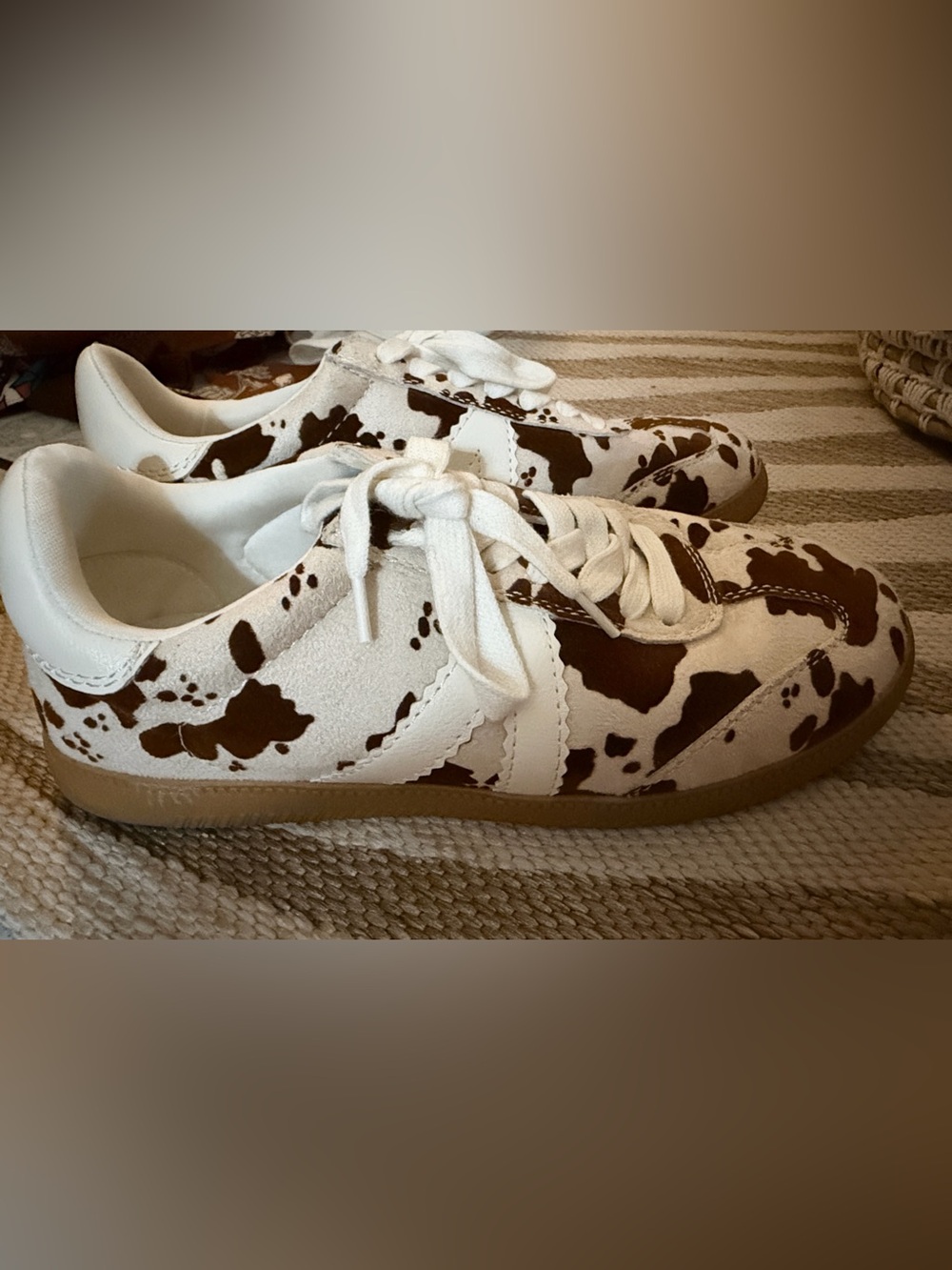 MIA Cream and Brown Cow Print Lace-Up Sneakers